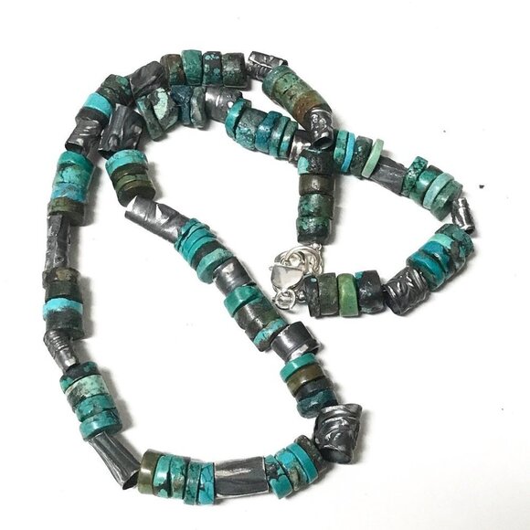 Genuine Turquoise Sterling Silver Necklace Heishi Beads Antique Sustainable 925 - Picture 8 of 8